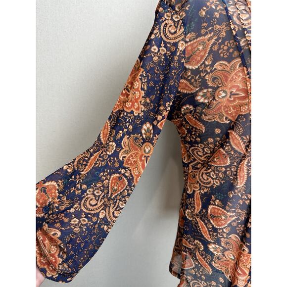 PerSeption Concepts XL Navy Blue Orange Button front V-neck Sheer Blouse Top - Picture 5 of 15